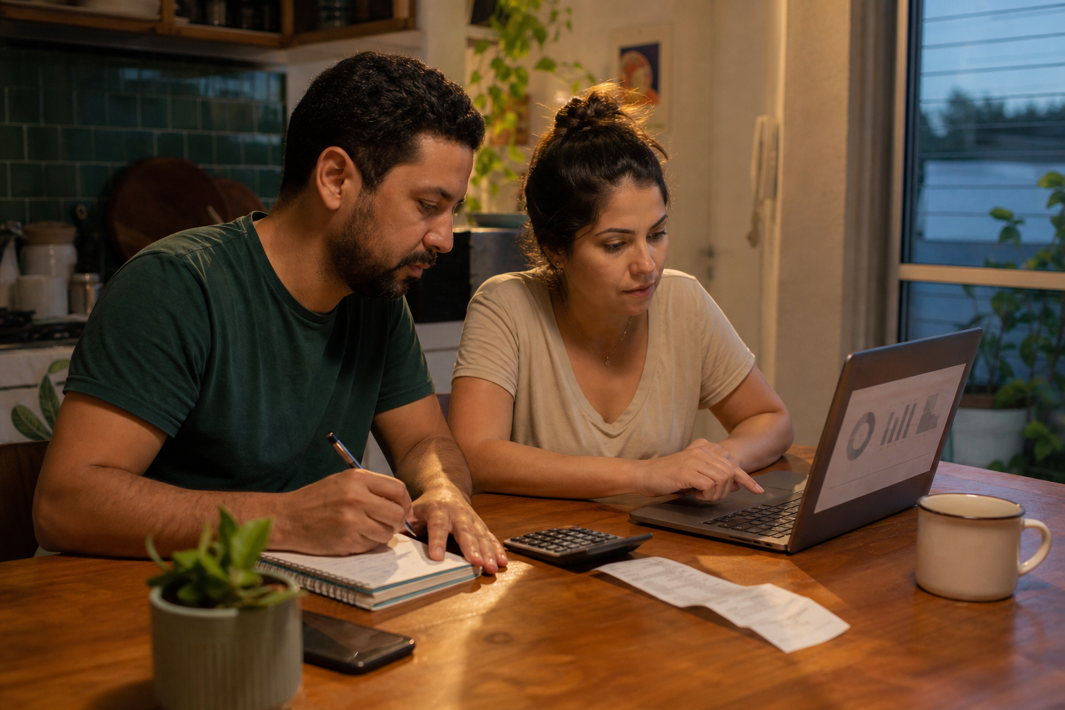 Casal revisando em conjunto as despesas e metas do orçamento mensal