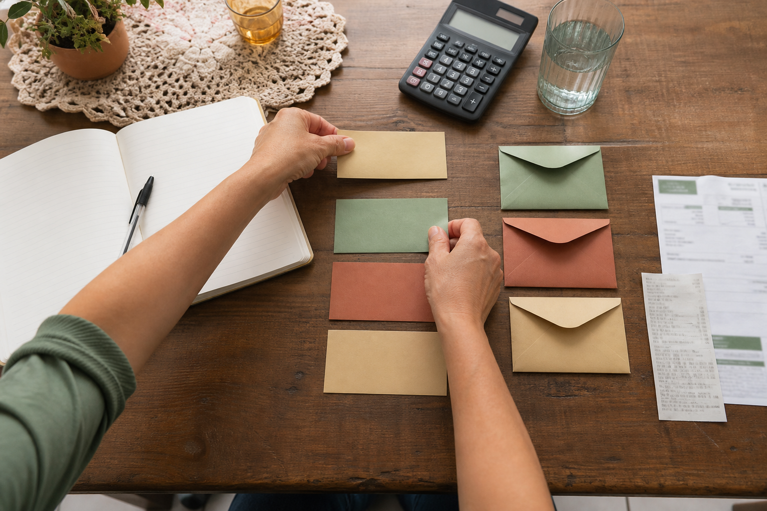 Organização prática das categorias do orçamento com caderno, calculadora e envelopes