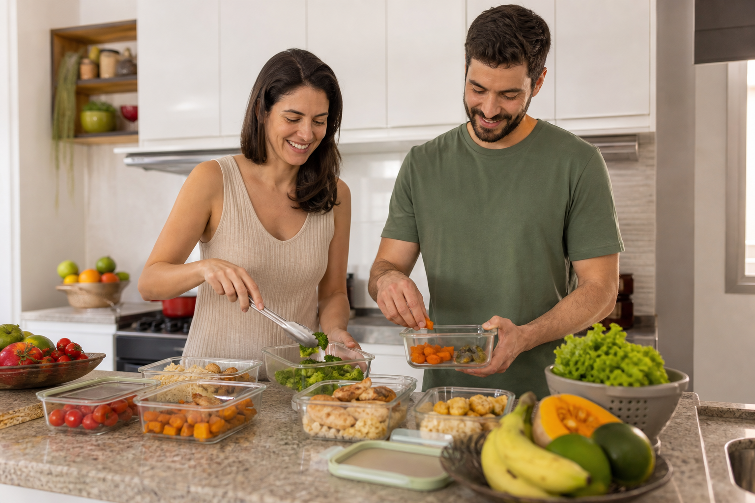 Casal preparando refeições para a semana como parte de uma rotina consciente de gastos