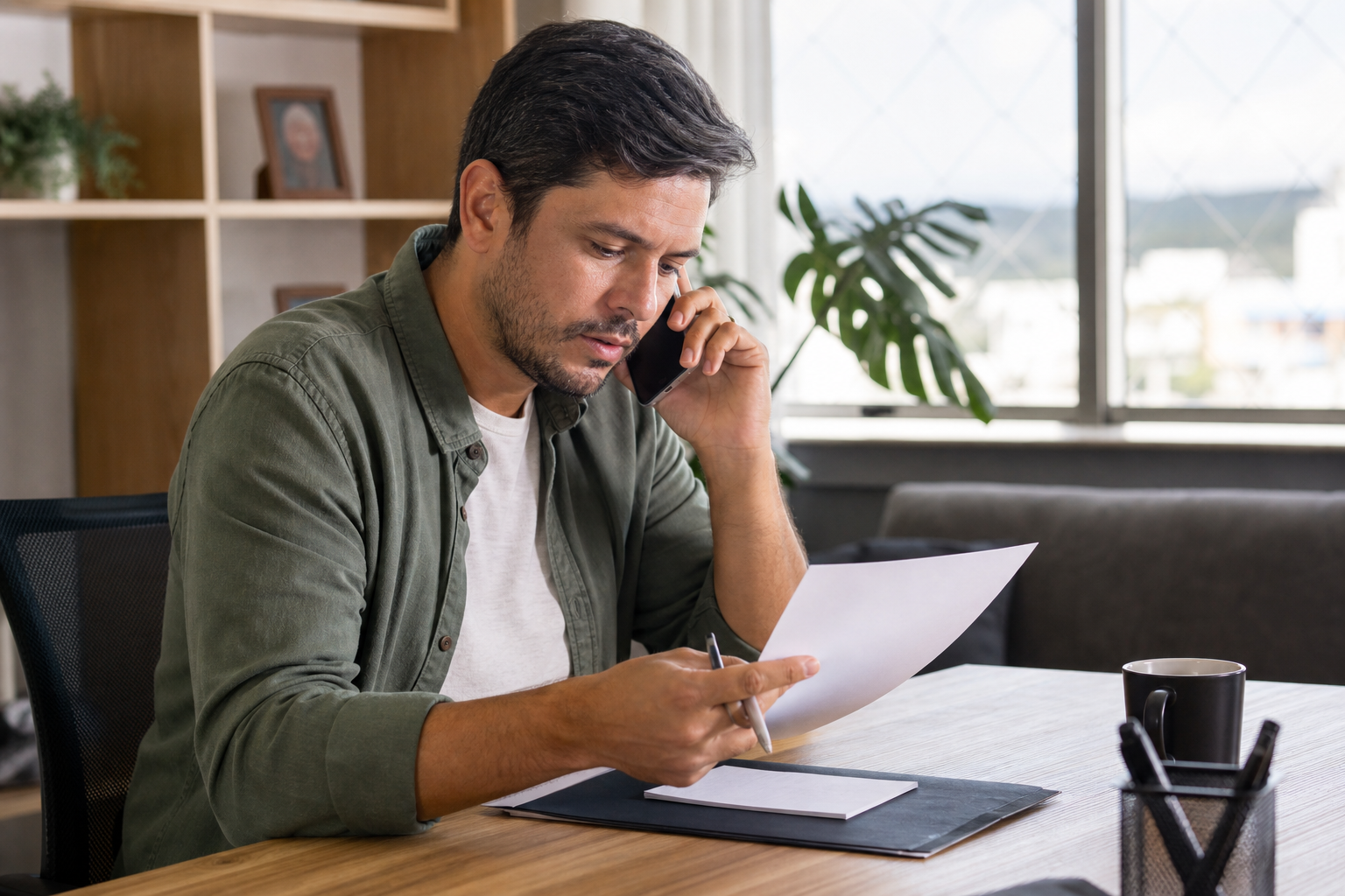 Homem negociando uma dívida por telefone enquanto consulta as condições do contrato