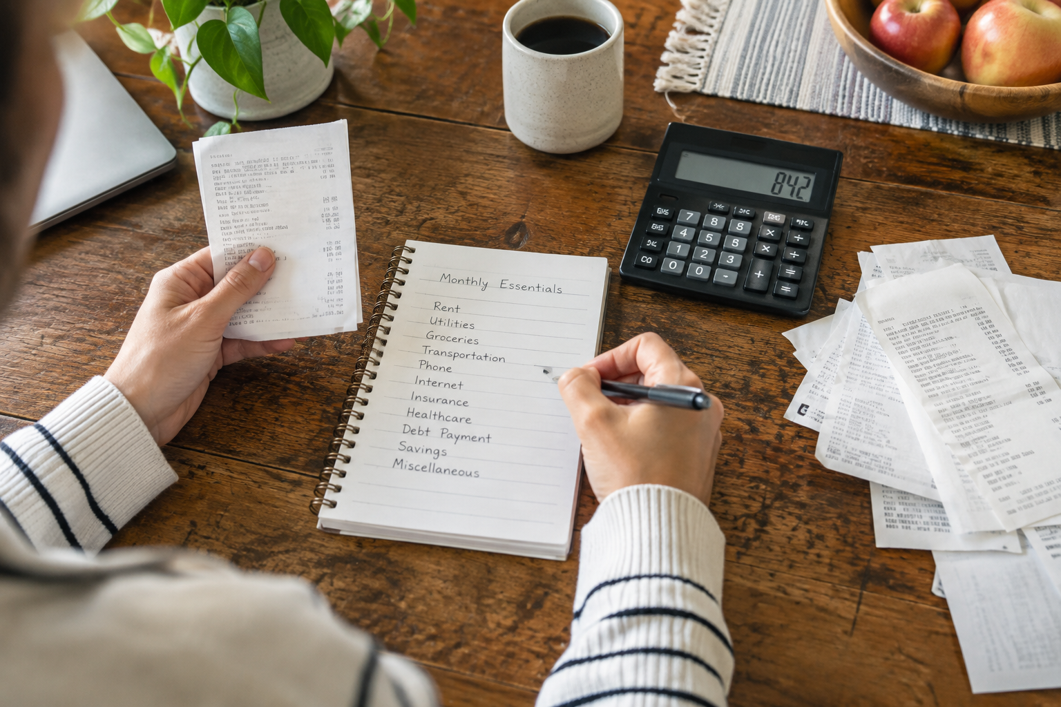 Mãos calculando despesas essenciais antes da negociação
