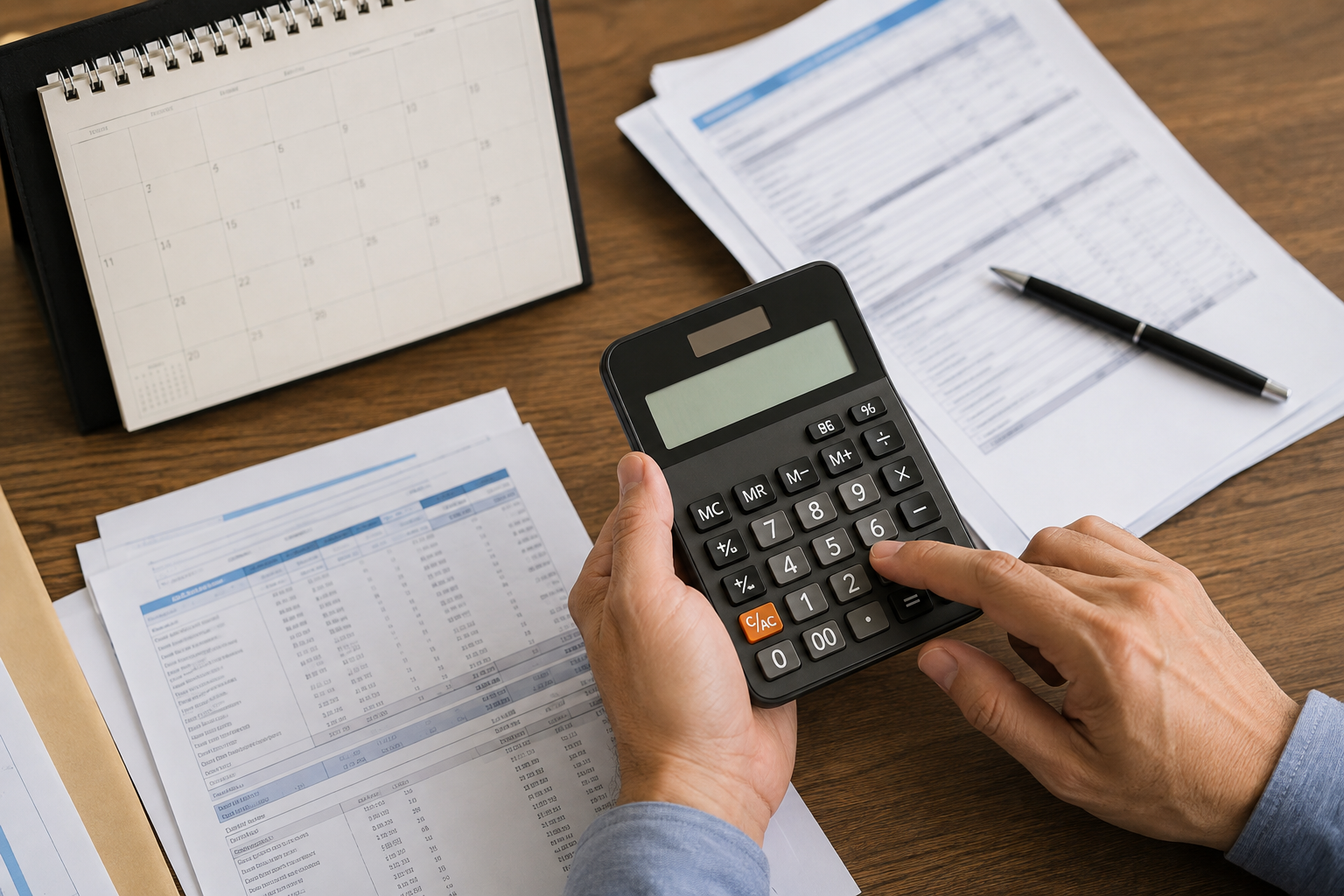 Mãos comparando prazo e parcela de uma dívida com calculadora