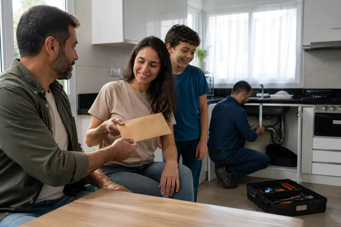 Família lidando com reparo doméstico inesperado