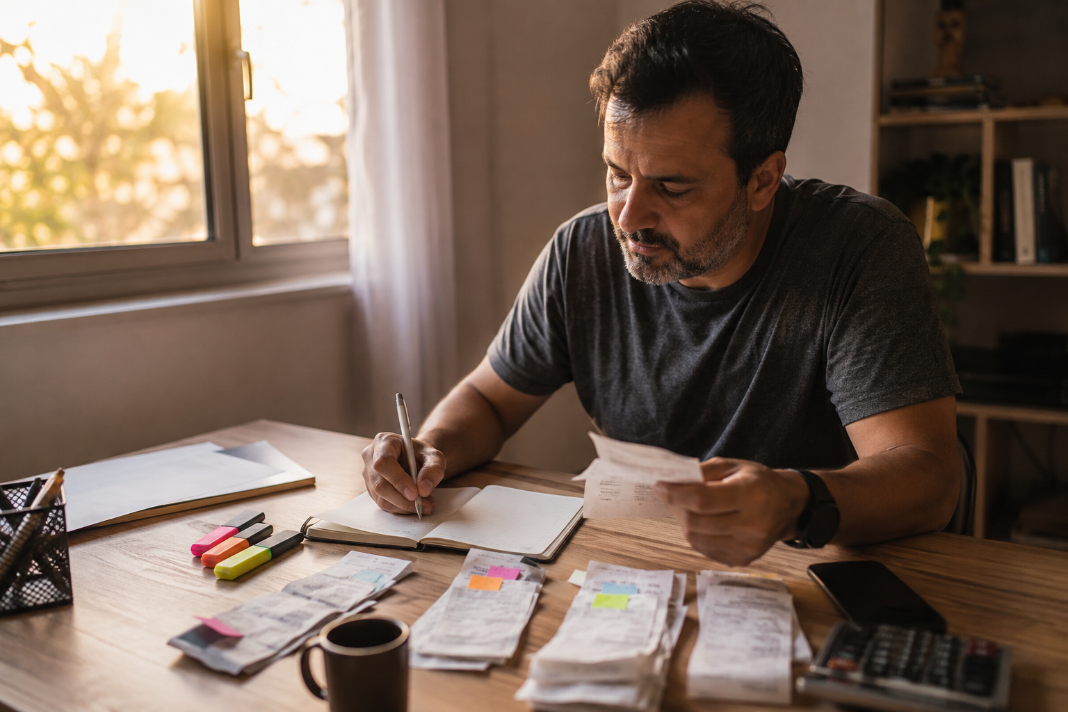 Homem fazendo a revisão semanal de gastos por categorias