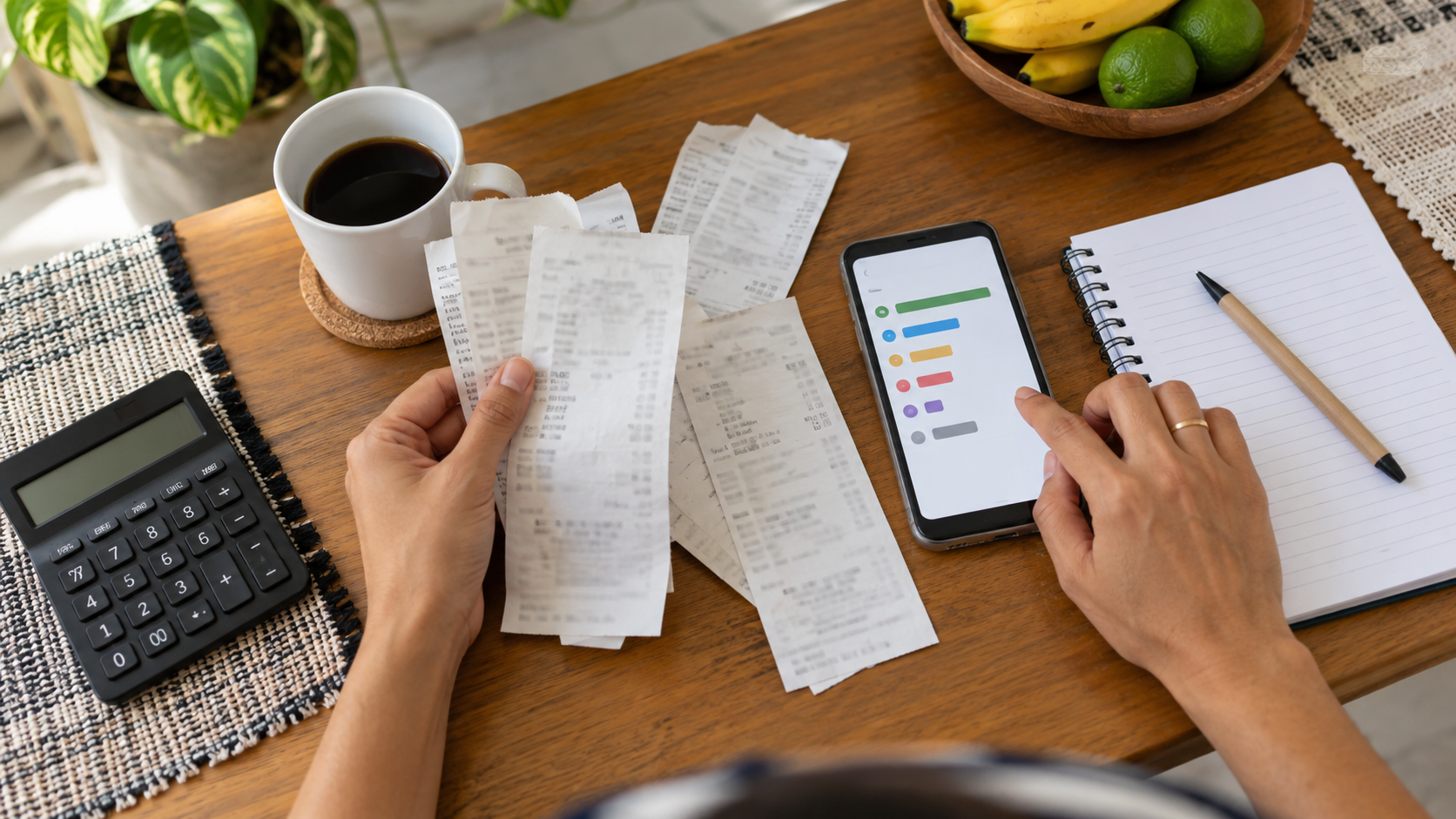 Pessoa conferindo recibos e categorias de compras do cartão