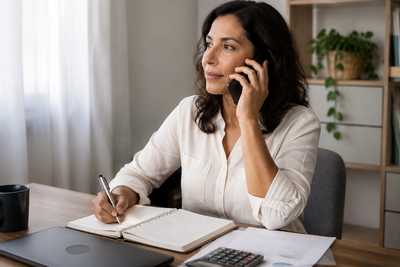 Mulher preparando uma negociação de dívida por telefone