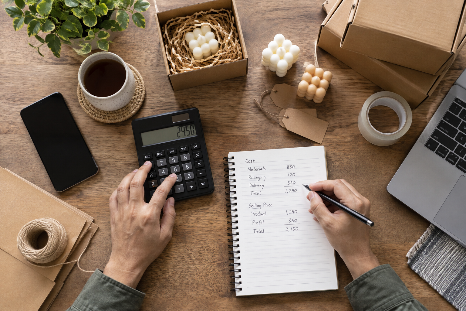 Mãos calculando custos e preço de uma renda extra