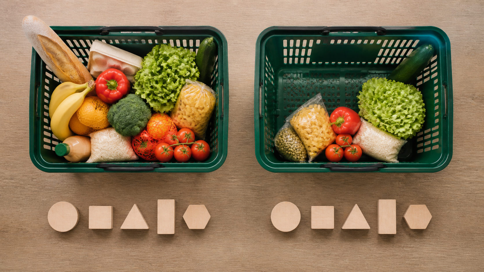 Comparação visual do poder de compra em duas cestas de alimentos