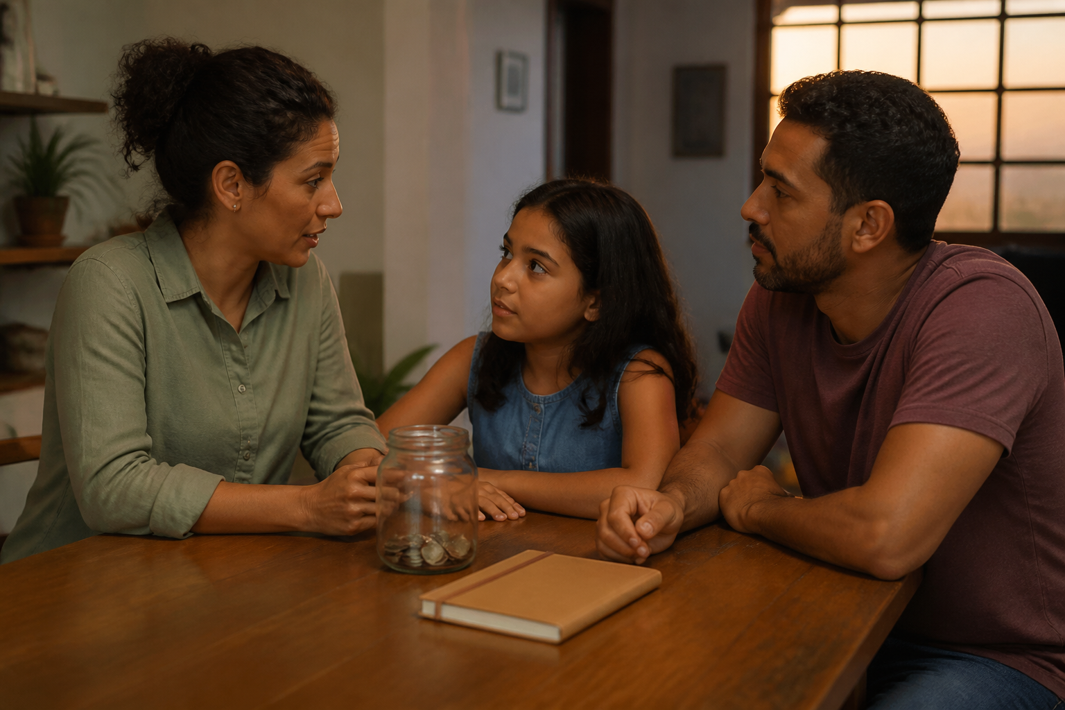 Família conversando sobre uma meta financeira comum