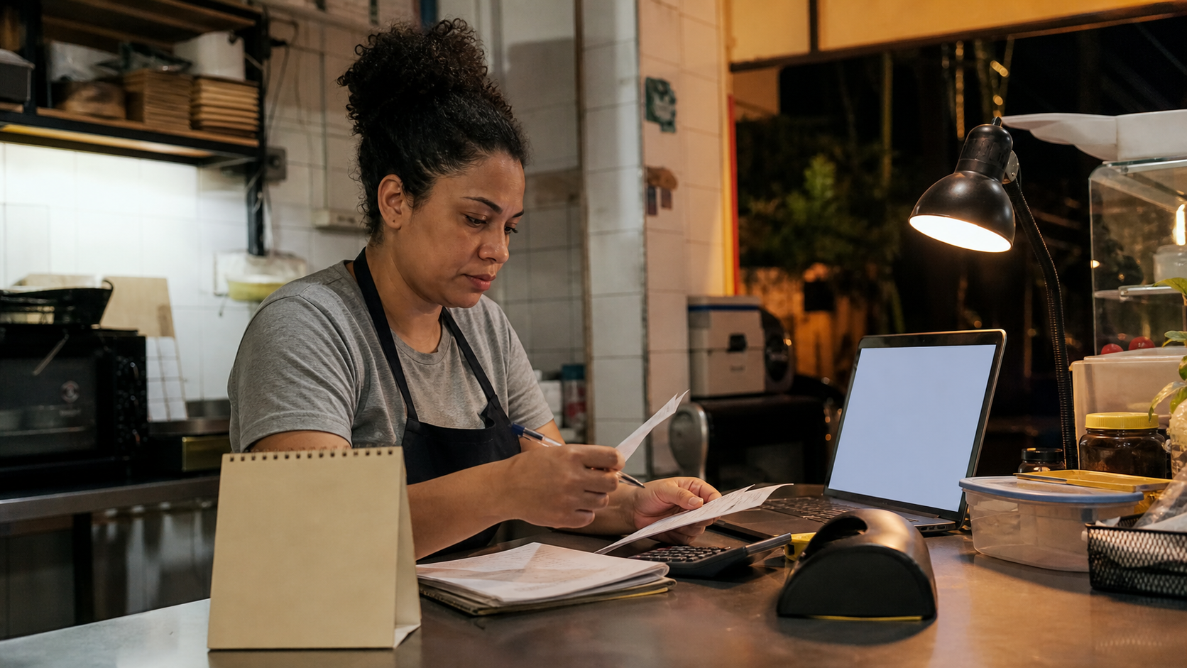 Microempreendedora conferindo obrigações mensais após o expediente
