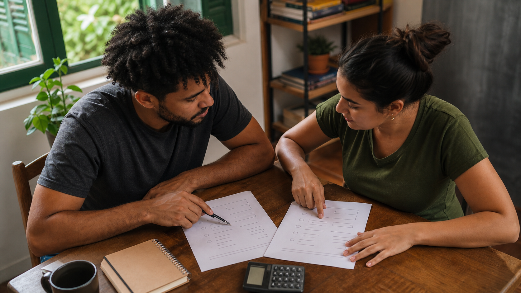 Casal comparando alternativas para ajustar e negociar contas