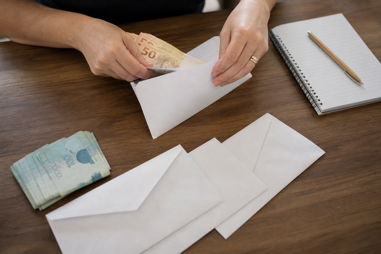 Mãos separando valores em envelopes para despesas futuras