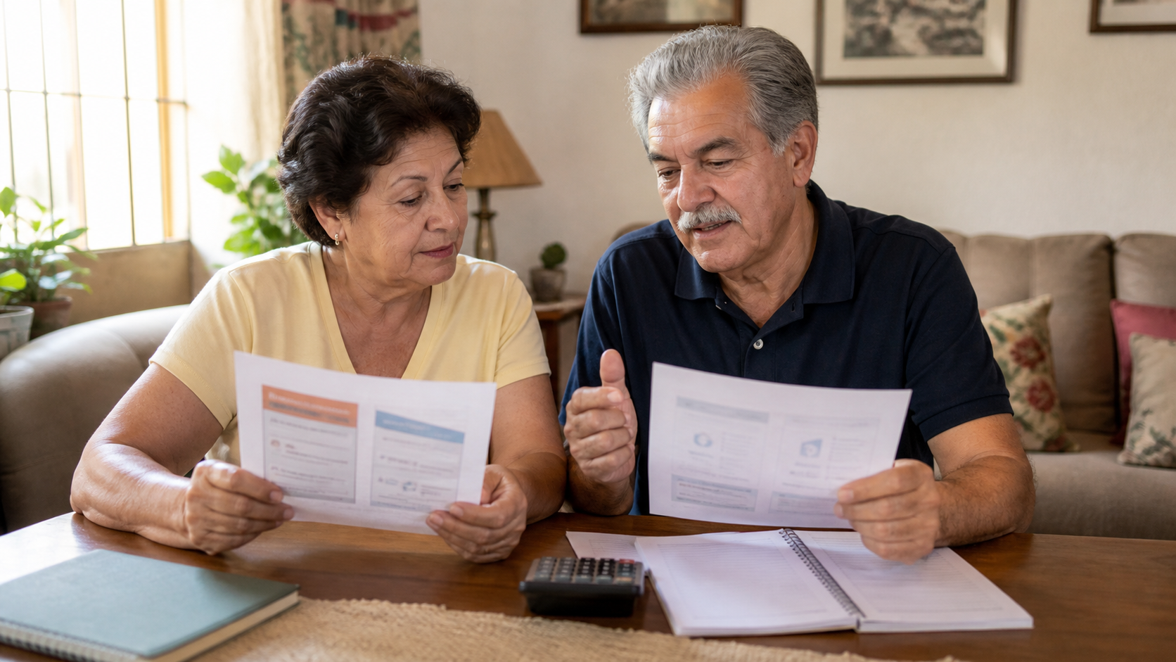 Casal comparando duas opções de serviços bancários com calma em casa