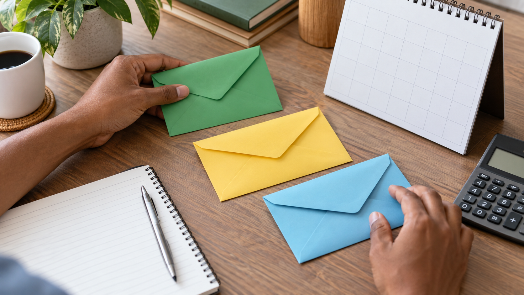 Envelopes coloridos organizando metas por diferentes prazos