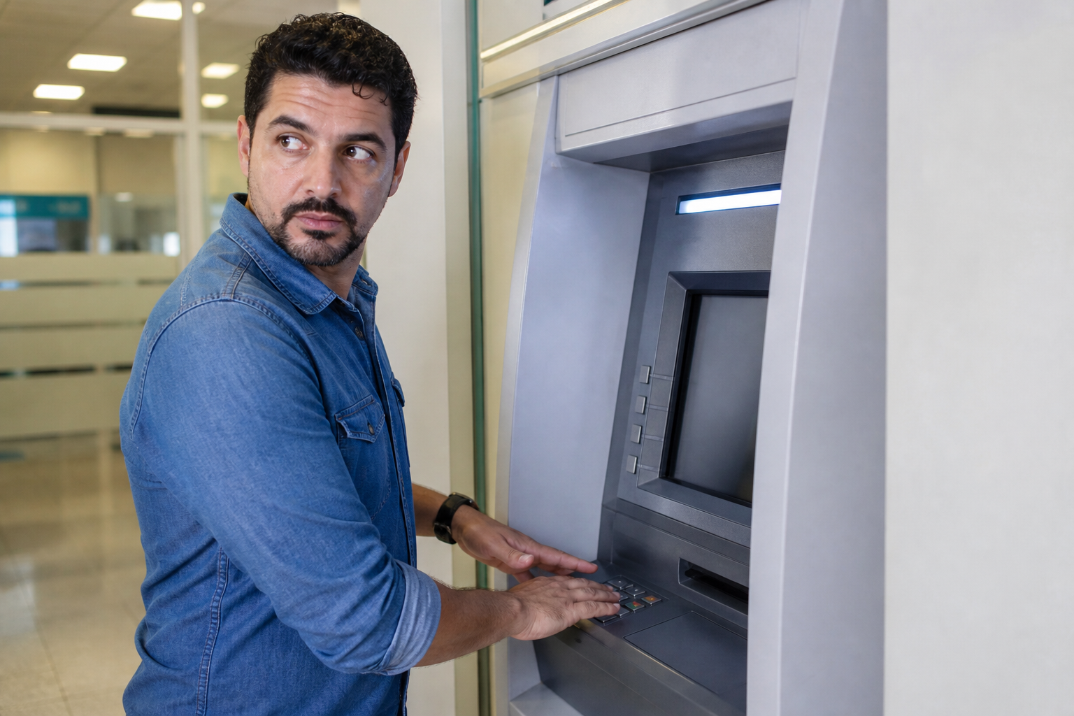 Cliente usando caixa eletrônico com cuidado e protegendo a digitação