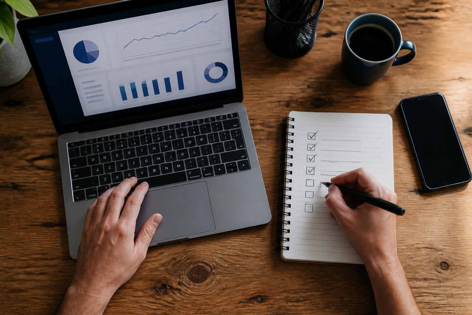 Mãos conferindo um checklist antes da primeira compra de título público